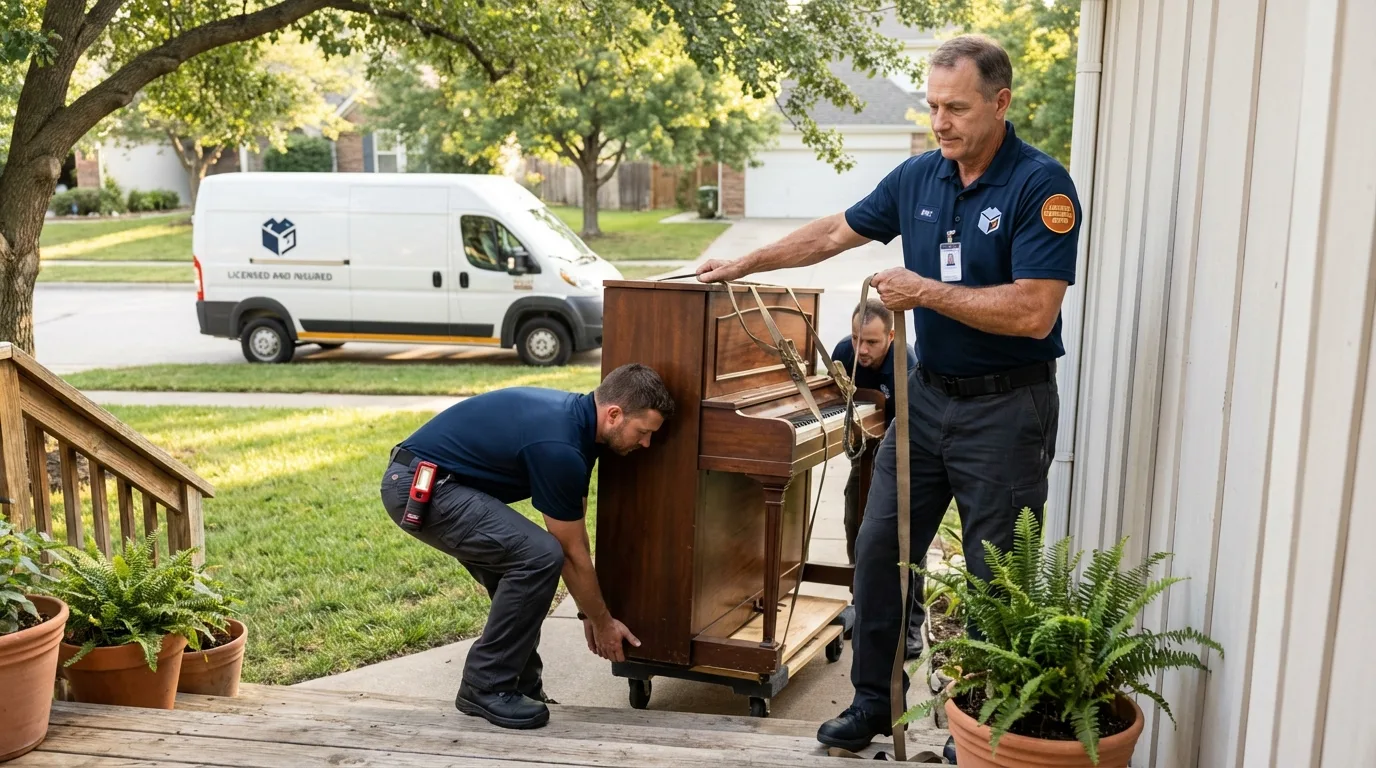 Licensed piano movers securing grand piano in Livingston Manor, NY