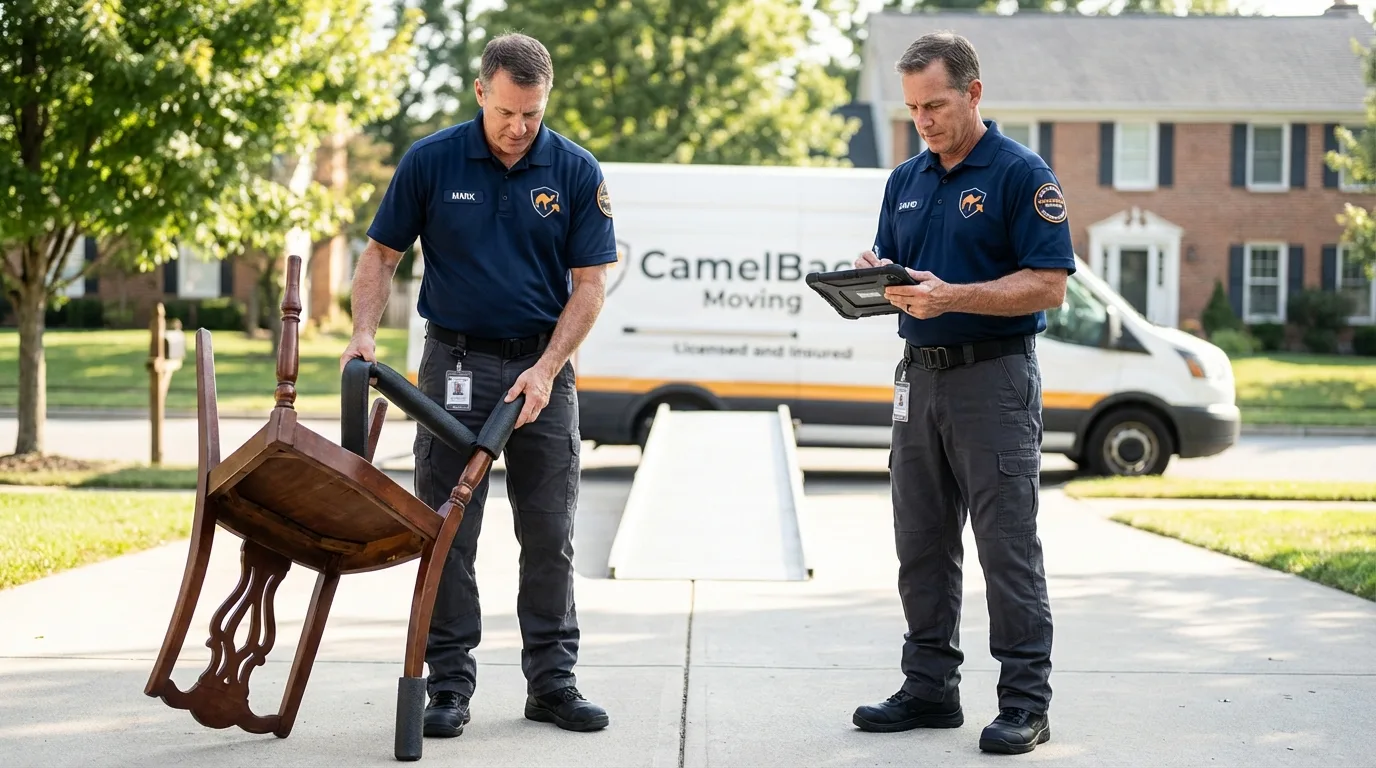 Movers inspecting furniture for damage prevention before loading in Livingston Manor, NY
