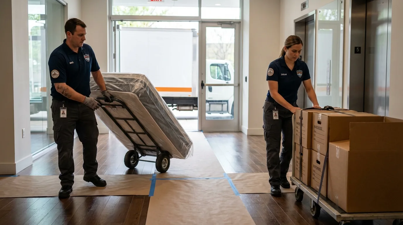 Professional apartment movers loading elevator in Livingston Manor, NY