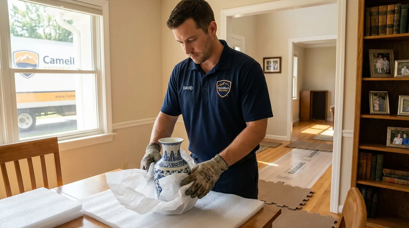Professional crew carefully wrapping antique vase for senior downsizing move in Livingston Manor, NY