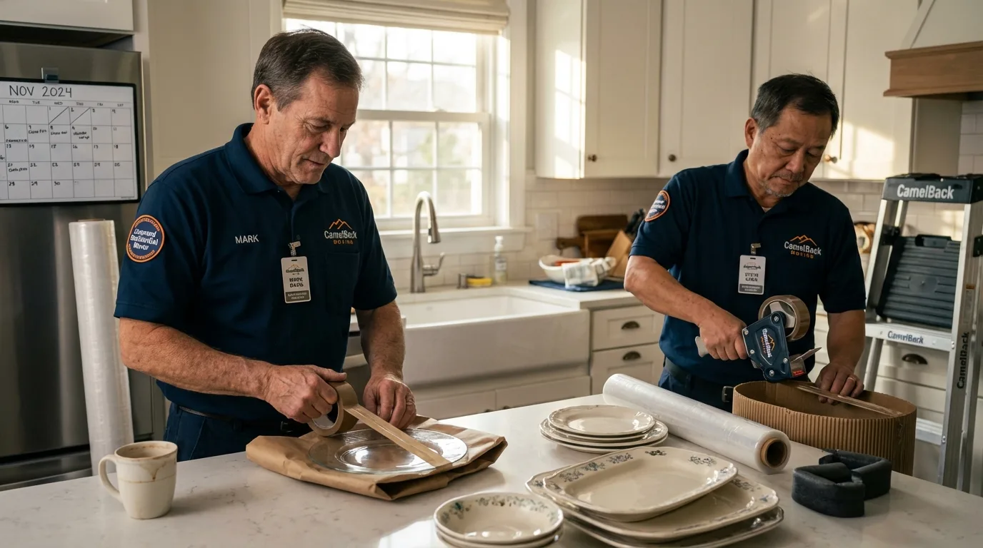 Professional crew packing kitchen dishware in Livingston Manor, NY